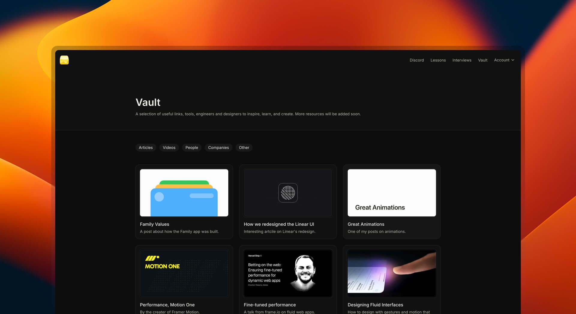 Vault page displaying a selection of useful links, tools, and resources categorized by articles, videos, people, companies, and other. The page features several resource cards, such as 'Family Values,' 'How we redesigned the Linear UI,' 'Great Animations,' and others.