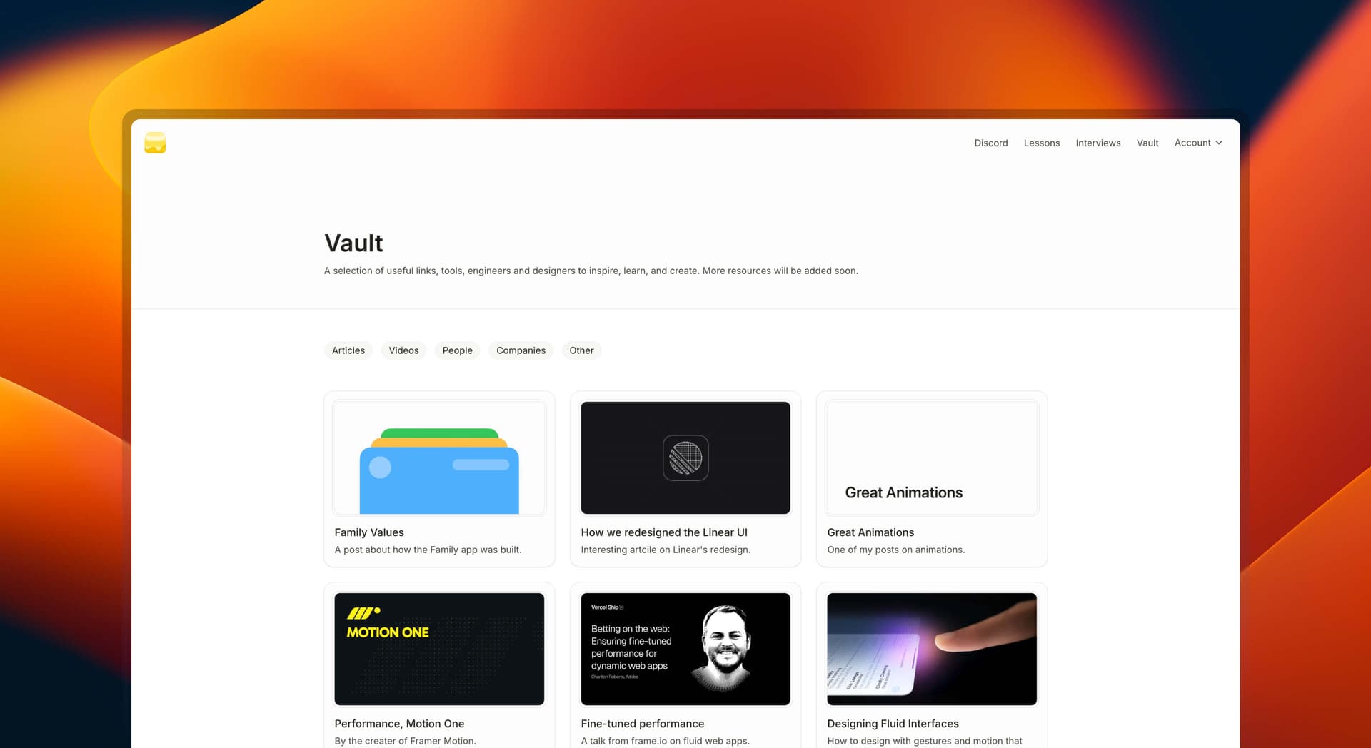 Vault page displaying a selection of useful links, tools, and resources categorized by articles, videos, people, companies, and other. The page features several resource cards, such as 'Family Values,' 'How we redesigned the Linear UI,' 'Great Animations,' and others.